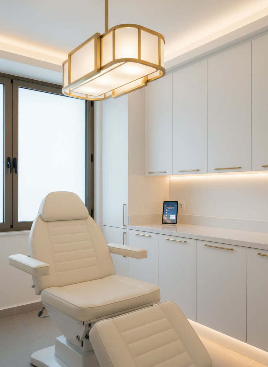 A luxurious aesthetic medicine treatment room in a premium clinic, shown without any people. A pristine, adjustable treatment chair in soft ivory leather sits centered beneath a sculptural ceiling lamp, surrounded by sleek white cabinetry with subtle gold hardware. On a nearby quartz counter, a discreet digital tablet displays an abstract interface suggesting online appointment booking and clinic contact icons, softly out of focus. Natural daylight from a large window combines with warm recessed lighting, creating a serene, welcoming glow. Photographic realism, eye-level composition with a shallow depth of field, emphasizing immaculate cleanliness, sophistication, and a calm, high-end atmosphere suitable for a Costa Blanca aesthetic clinic homepage hero image.