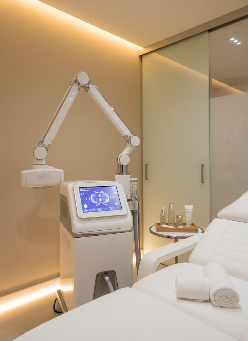 A state-of-the-art CO2 laser device in a premium aesthetic clinic, shown as the central subject with no people present. The machine has a sleek white body with chrome details, an articulated arm, and a softly glowing touch-screen interface displaying abstract treatment settings. It stands beside a cushioned treatment couch draped in immaculate white linens, with folded towels and a minimalist tray of soothing skincare products nearby. The room features warm neutral walls, indirect LED strip lighting, and a distant frosted-glass door hinting at private consultation rooms. Captured at eye level with medium depth of field, the lighting is a blend of soft daylight and gentle artificial illumination, creating a sophisticated, high-tech yet reassuring atmosphere focused on facial rejuvenation outcomes.