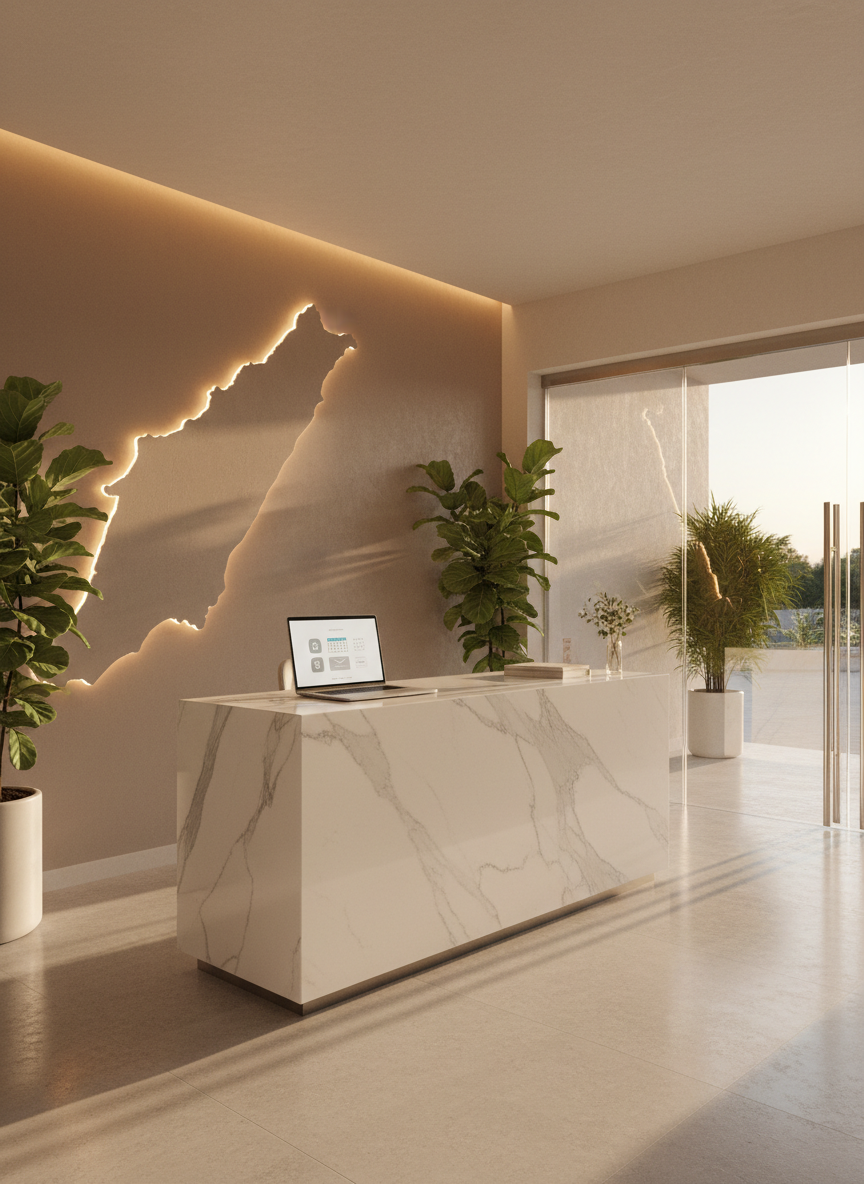 An elegant reception area of a premium aesthetic medicine clinic, completely empty of people, captured in photographic realism. A minimalist marble reception desk holds a slim, open laptop showing an abstracted booking calendar and contact symbols, with no readable text. Behind, a discreet wall map outline hints at the Orihuela Costa coastline location, illuminated by soft cove lighting. Tall indoor plants in matte white planters add freshness against warm taupe walls. Late afternoon natural light filters through large glass doors, casting soft reflections on polished stone flooring. Shot from a slightly elevated angle using the rule of thirds, the mood is calm, organized, and sophisticated, suggesting effortless appointment booking and clear consultation pathways.