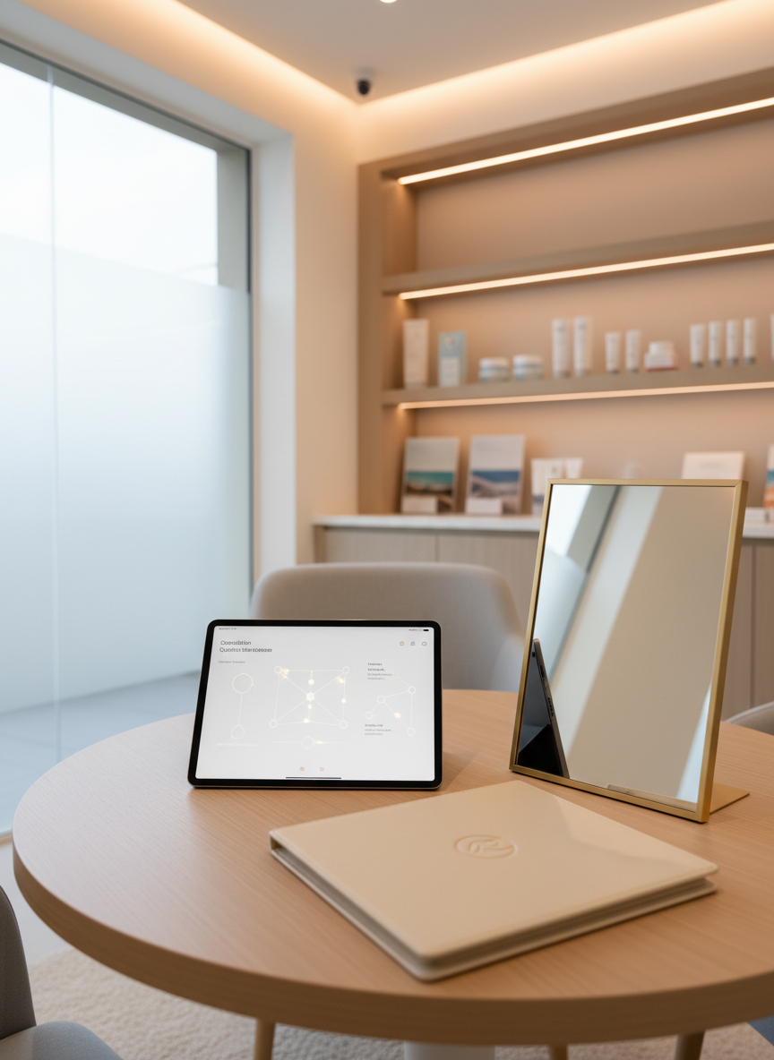 A refined consultation setting in an aesthetic medicine clinic, represented without any people. A round, light-oak table holds a sleek tablet displaying an abstract consultation questionnaire and pathway diagrams, alongside a closed folder embossed with a subtle, non-text logo. Beside it, a high-quality framed mirror reflects the soft, neutral-toned room, suggesting self-reflection and personalized treatment planning. Built-in shelving in the background displays neatly arranged, label-ambiguous skincare products and brochures symbolizing clinic services and location information. Warm, diffused indoor lighting and a hint of coastal daylight through a side window create an inviting, trustworthy mood. Photographic realism, shot from a seated eye-level perspective with gentle bokeh, emphasizing calm, considered decision-making about treatments like botox, fillers, and facial rejuvenation.
