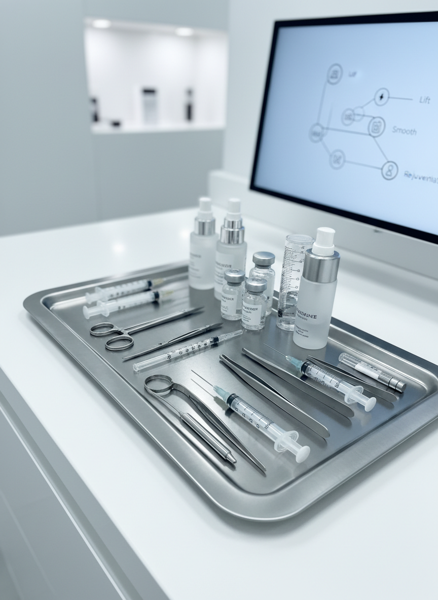 A close-up, highly detailed view of premium skincare and aesthetic medicine tools arranged on a brushed metal tray in a spotless clinic room, no humans present. Sleek, stainless-steel instruments, sterile syringes with transparent barrels, and small labeled vials are carefully organized alongside frosted glass skincare bottles with metallic pumps. The tray rests on a glossy white counter beside a subtle, blurred monitor displaying a consultation flow diagram and icons for treatment options and outcomes, without legible text. Cool, diffused overhead lighting creates crisp reflections and soft shadows, emphasizing precision and clinical excellence. Photographic realism, shallow depth of field, and a calm, focused atmosphere highlight the advanced, medical-grade nature of botox, dermal fillers, and anti-wrinkle treatments.